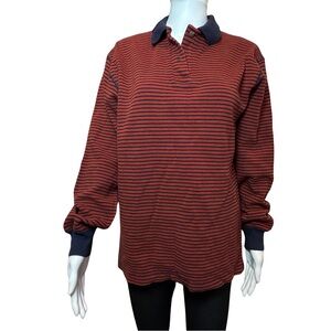 Vtg Lands’ End Direct Merchants Rugby Shirt Womens S Red Navy Stripe Cotton USA